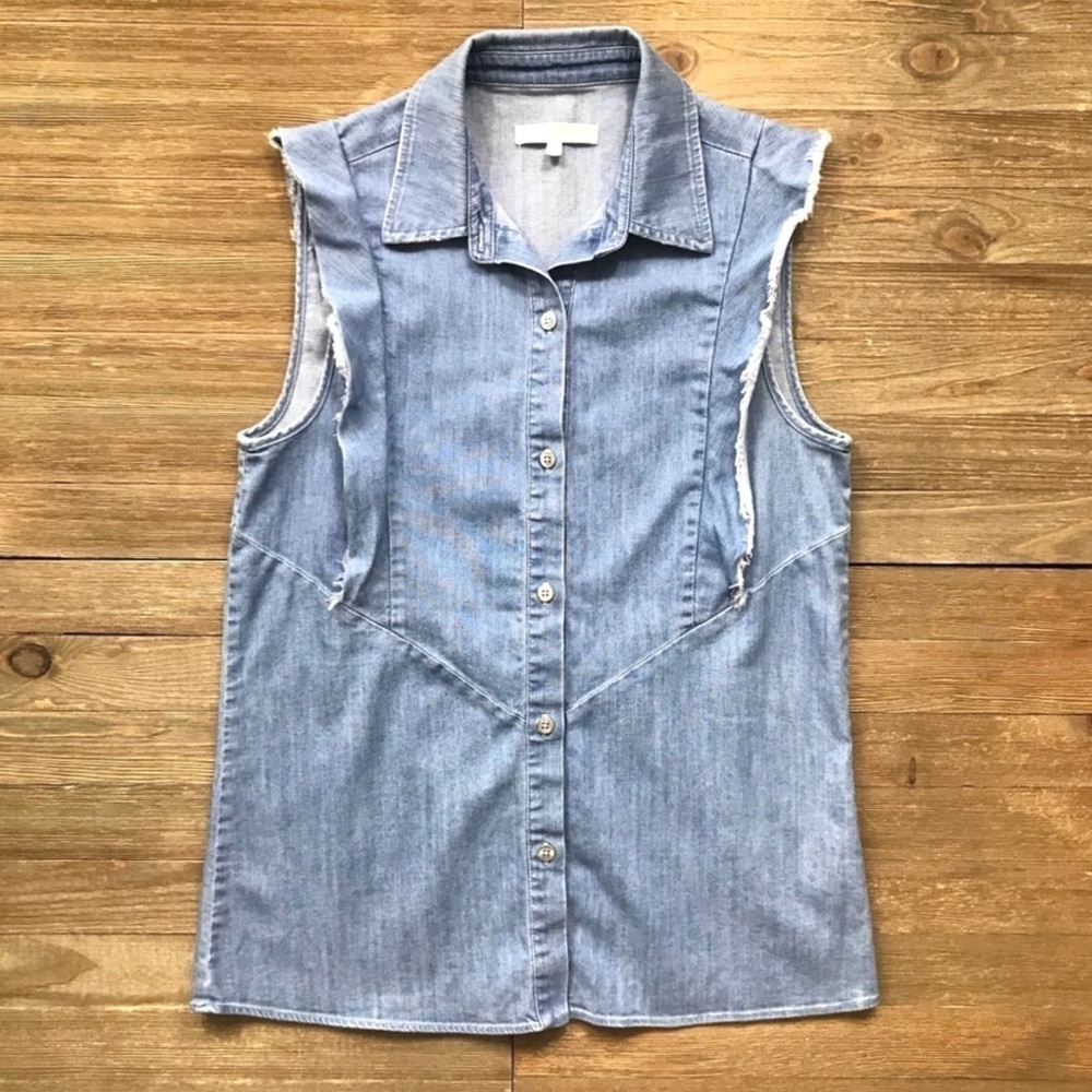 7FAM Ruffled Button Front Denim Shirt - Picture 2 of 7